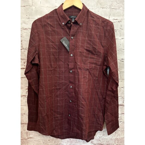 Van Heusen Premium Non-Iron Button Up Shirt Mens SMALL Maroon Check - Picture 1 of 3